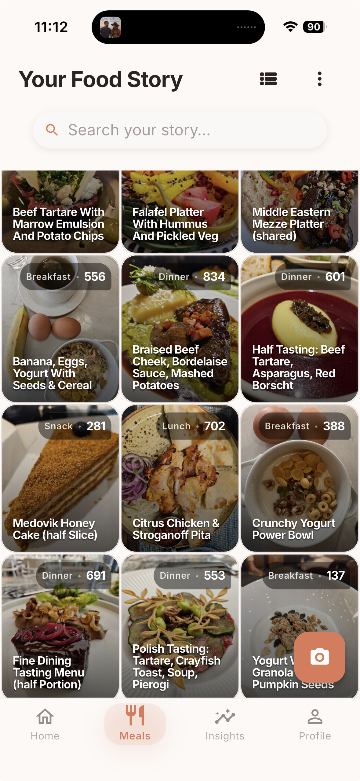 Fyll food story grid — your meals with photos and estimates.