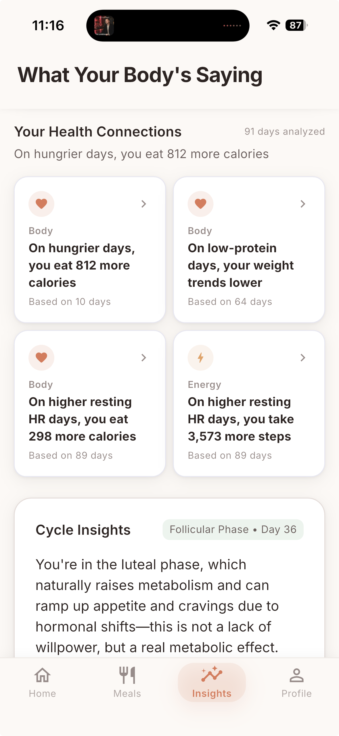 How your meals connect to sleep, steps, and body signals.